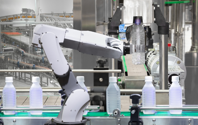 Robots working on a materials handling line